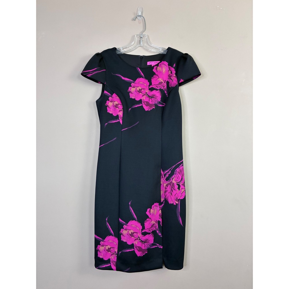 Betsey Johnson Black Pink Floral Orchid Cap Sleeve Sheath Dress Size 4